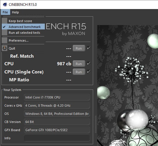 CPU Render Benchmark Cinebench Advanced Settings