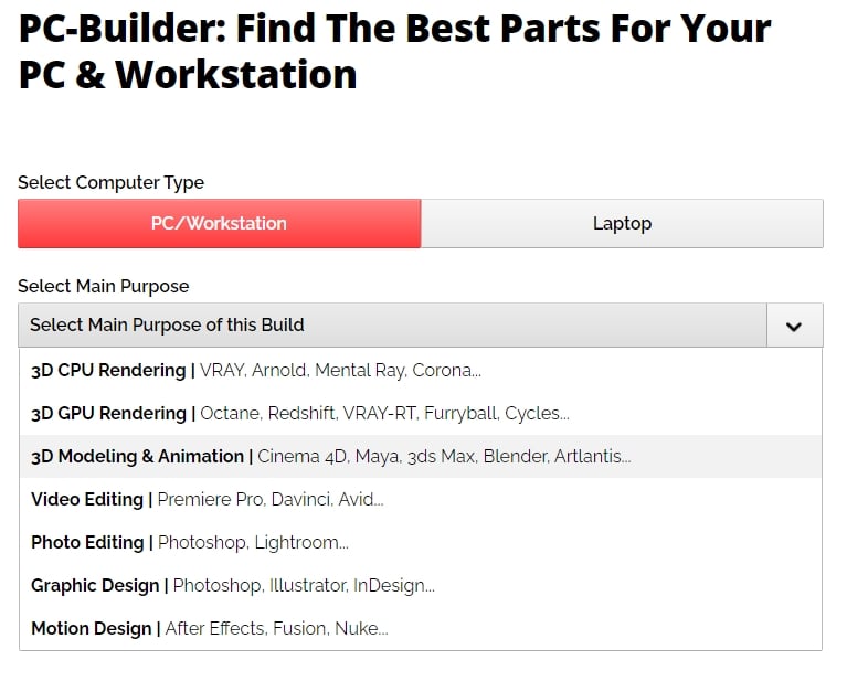 PC-Builder Tool for configuring the perfect compatible PC Build for your workloads