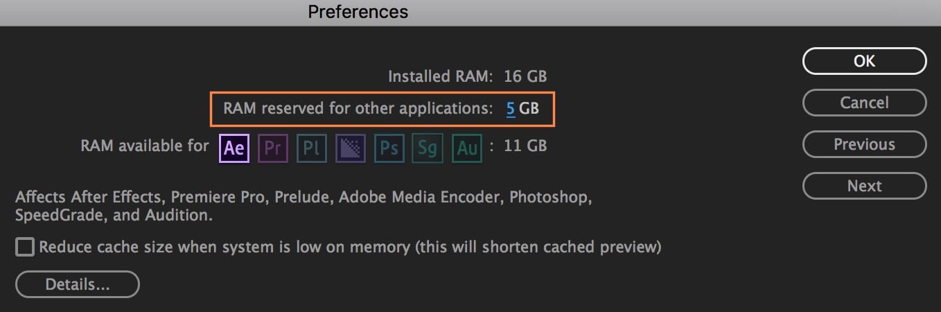 After Effects Screenshot showing how to set up RAM (Memory) Preferences