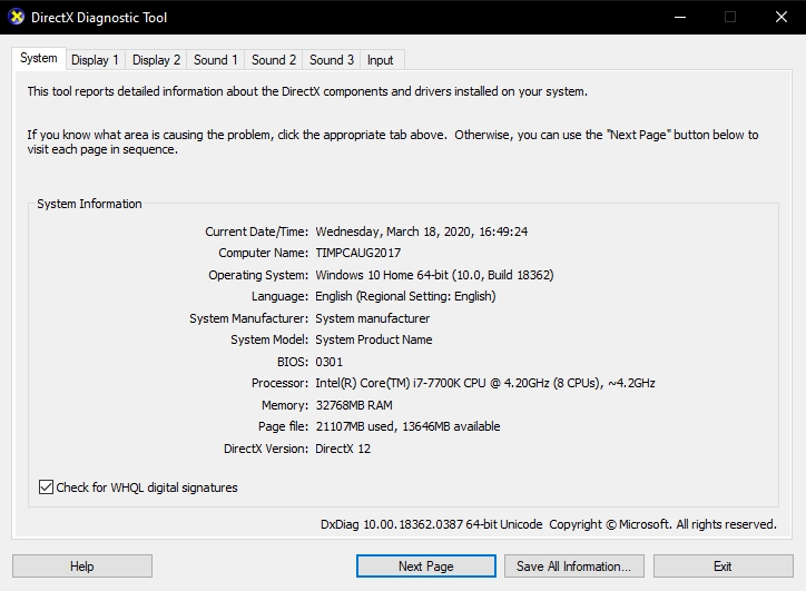 DirectX diagnostic Tool showing System specs