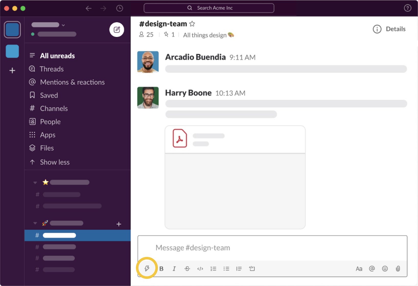 Screenshot of the Slack interface showing a design team channel