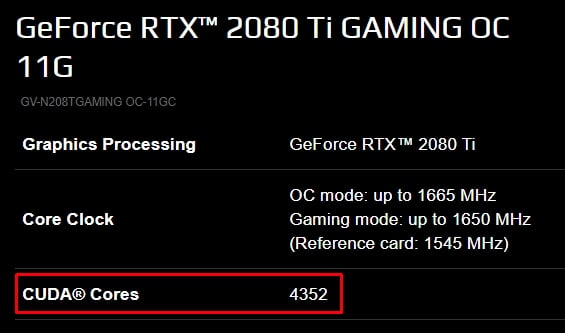 Cuda Cores Specs on an Nvidia 2080 Ti RTX