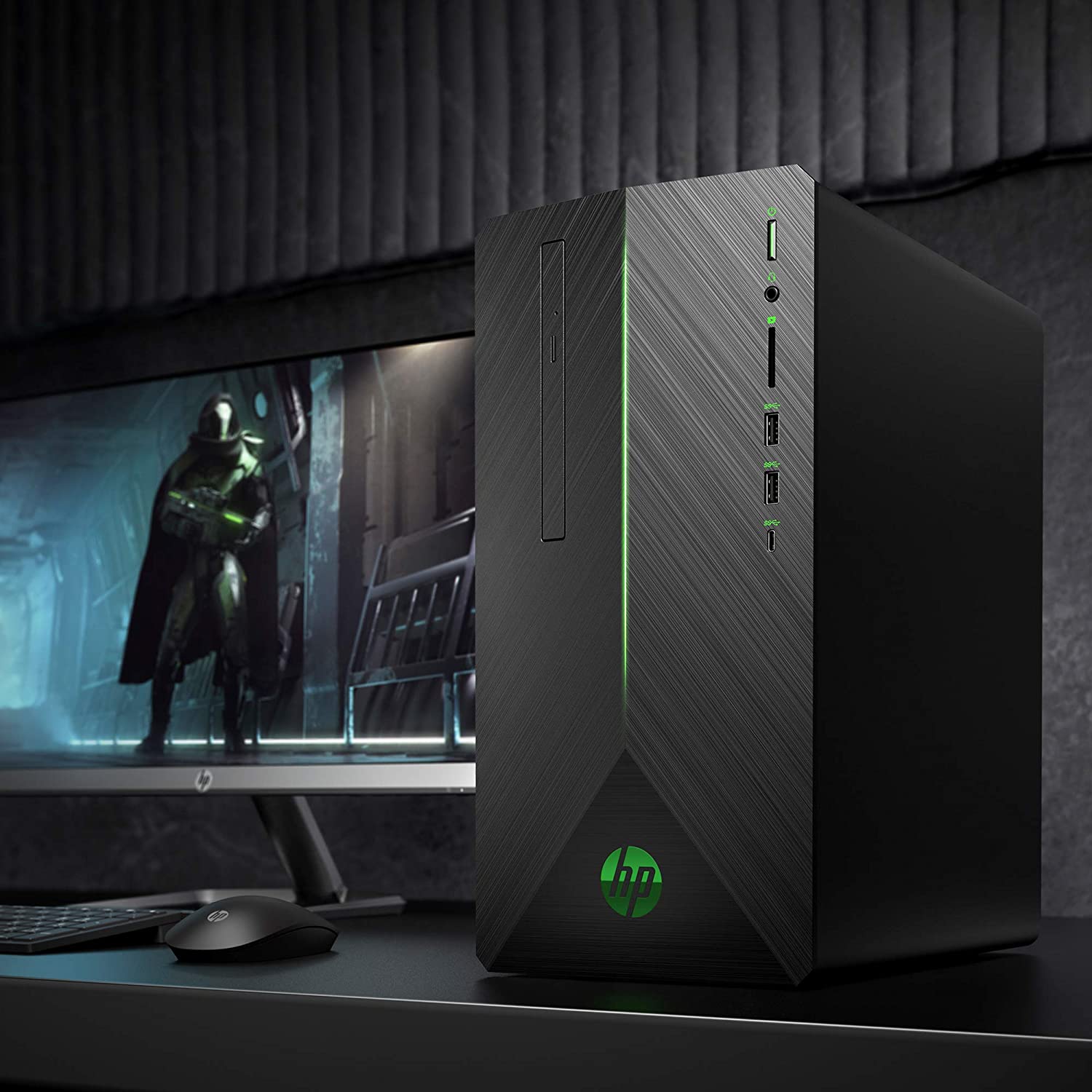 HP Pavilion Pre-Built Desktop PC on a desk with a Monitor, mouse and keyboard