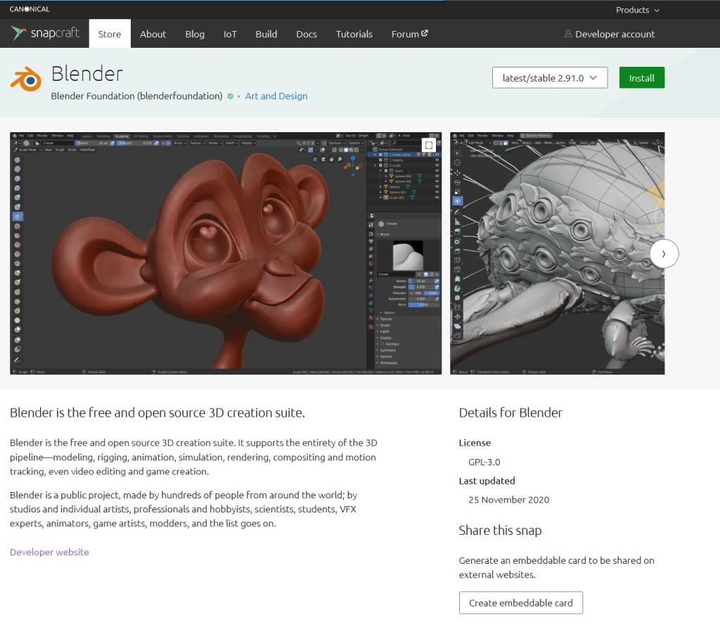 Blender’s store page on the Snap Store