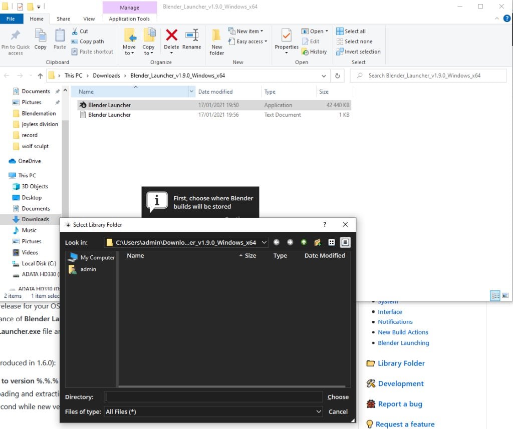 On the first run, Blender Launcher will prompt you to choose a library folder