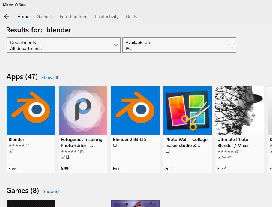 Searching for Blender on the store yields two results