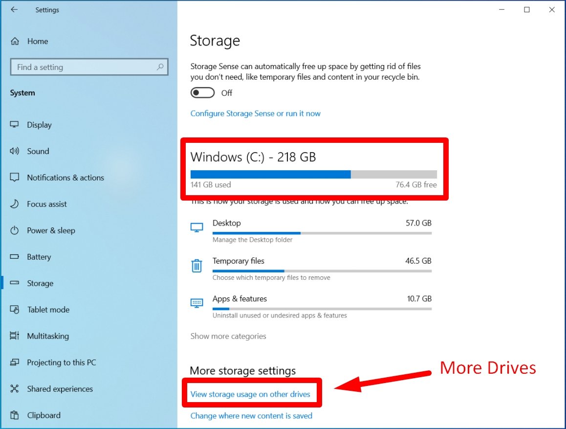 Check your storage Space on Win 10