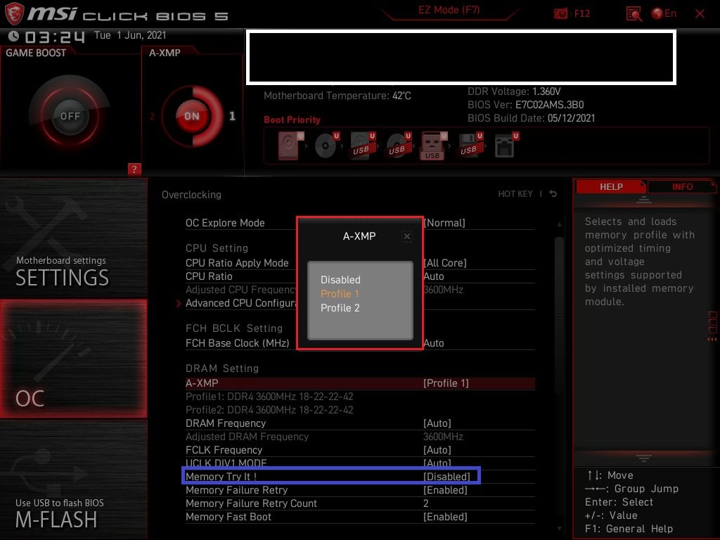 MSI Bios Screenshot 4 - Setting up XMP Memory Profiles
