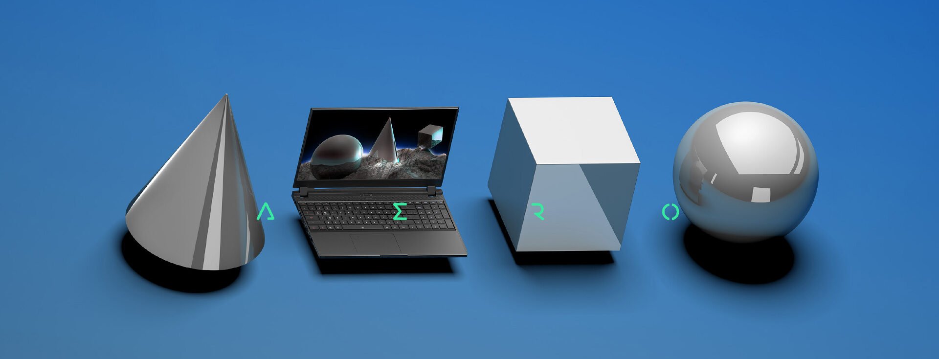 Laptop along side 3D Modeled Objects