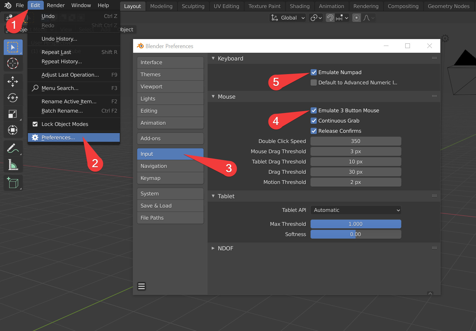 Turn on numpad and three button mouse emulation