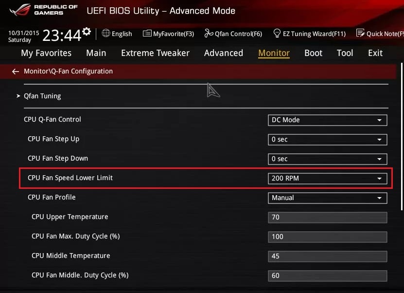 Setting the Low Limit RPM in BIOS
