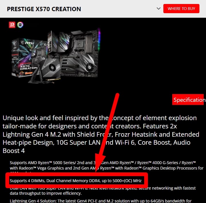 MSI Prestige x570 creation RAM support