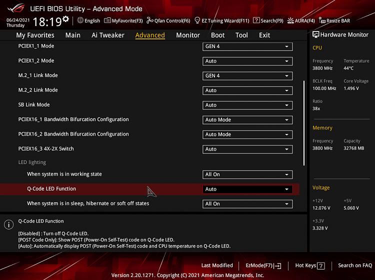 Disabling Q-Code on an ASUS Motherboard in BIOS settings