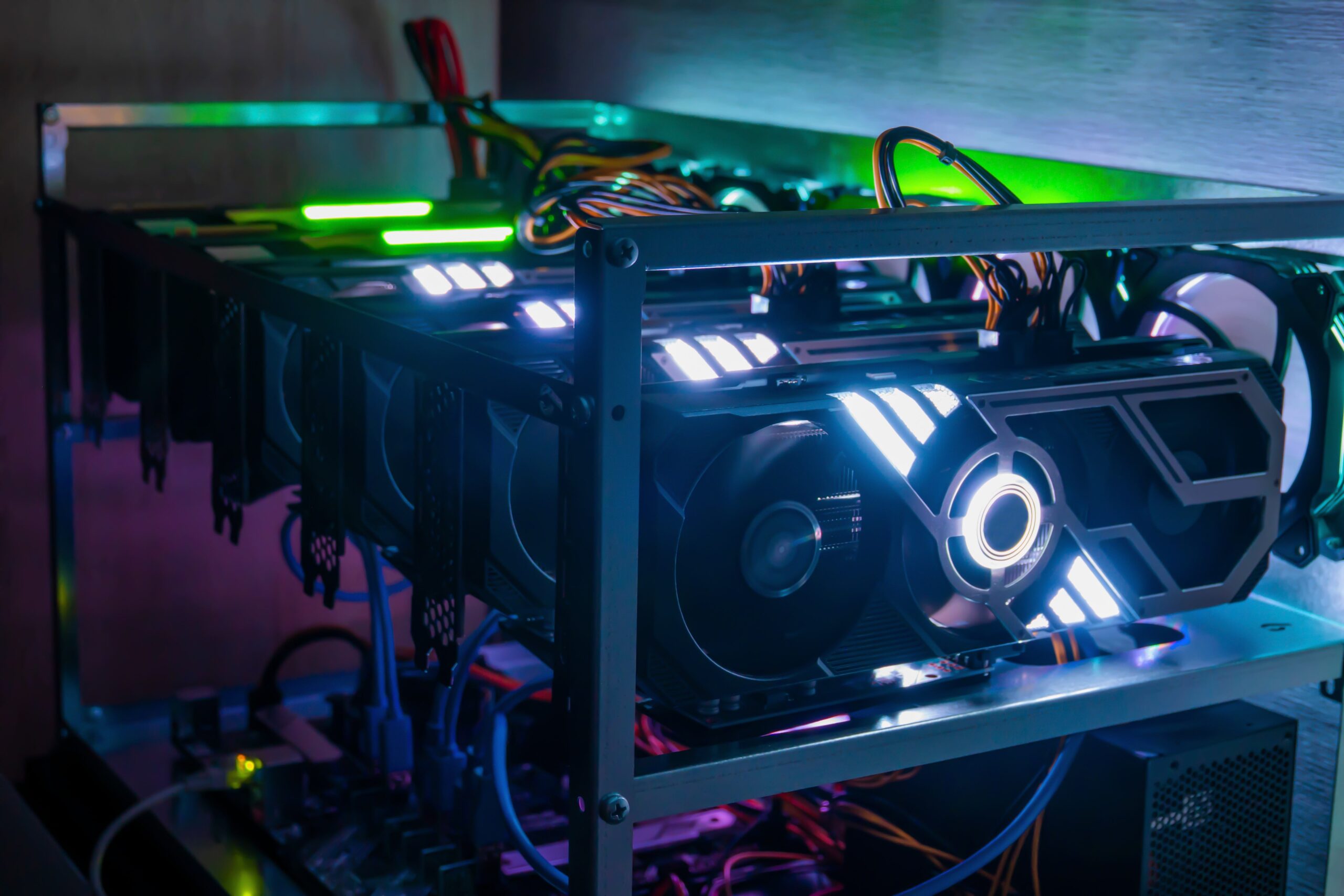 Graphic Cards lined up in a crypto mining rig