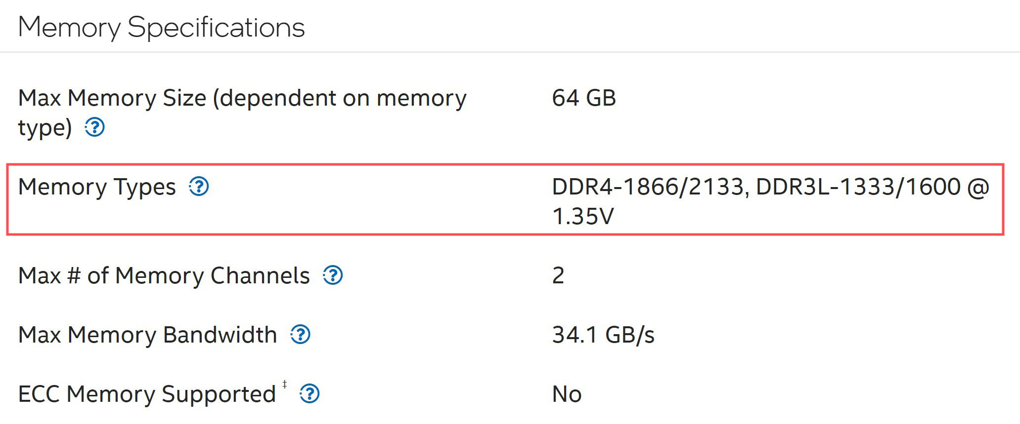 Memory specs on i5 6600K