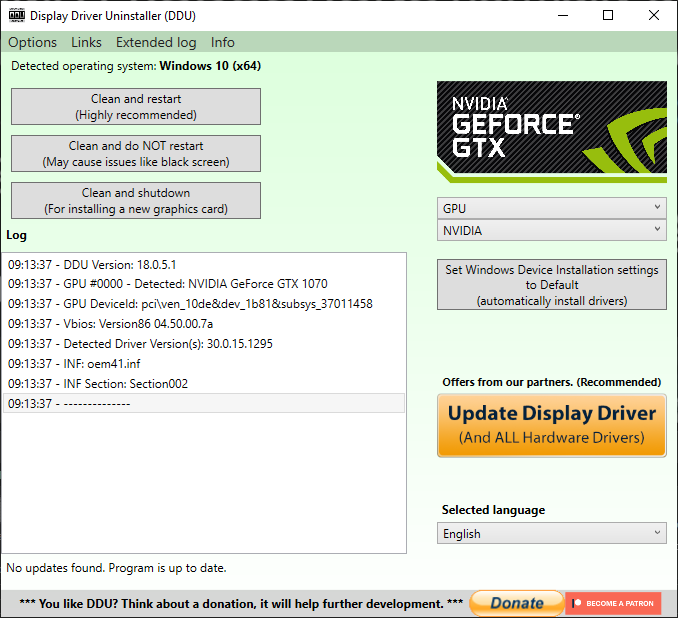 DDU clean options after selecting GPU brand