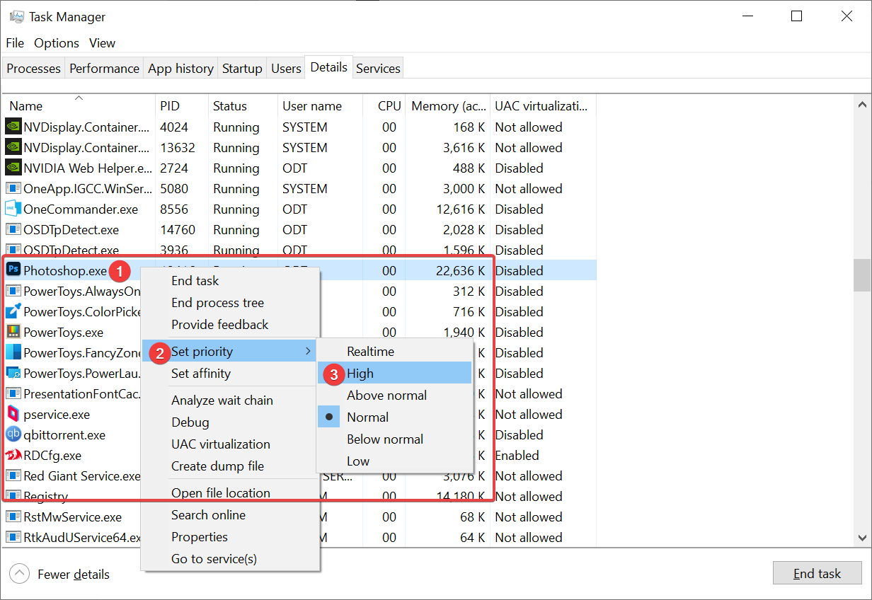 Windows Task Manager set priority