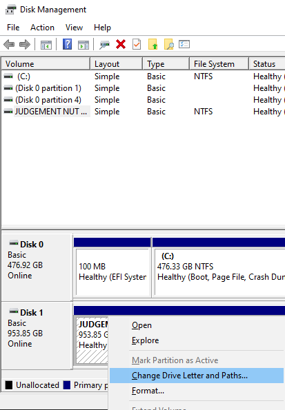 Change Drive Letter and Paths Option from Disk Management