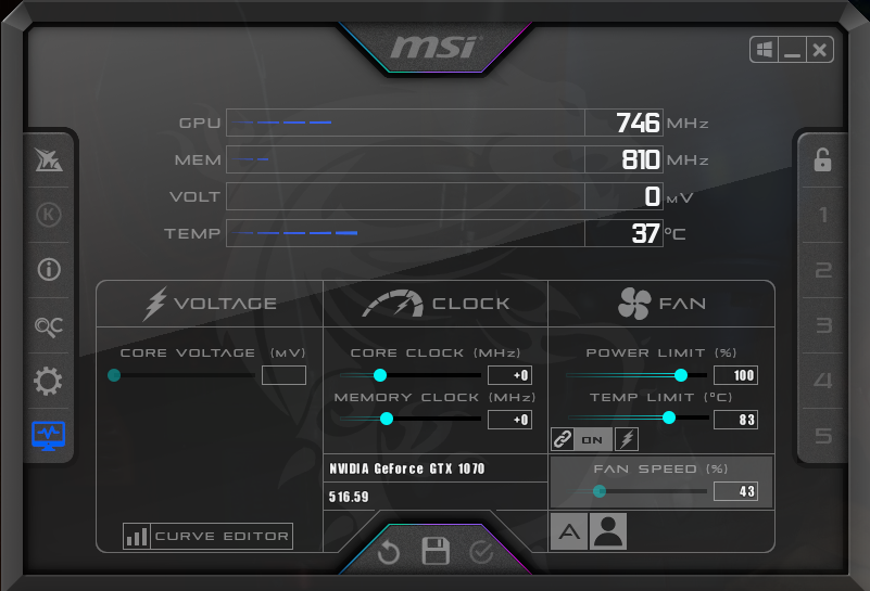MSI Afterburner Main Control Window