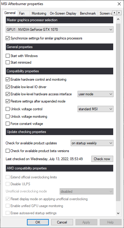 MSI Afterburner Properties, General Settings Window