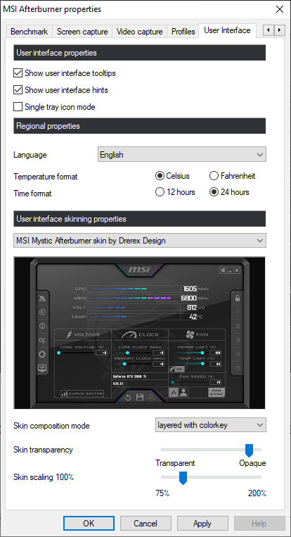 MSI Afterburner Properties, UI Settings Window