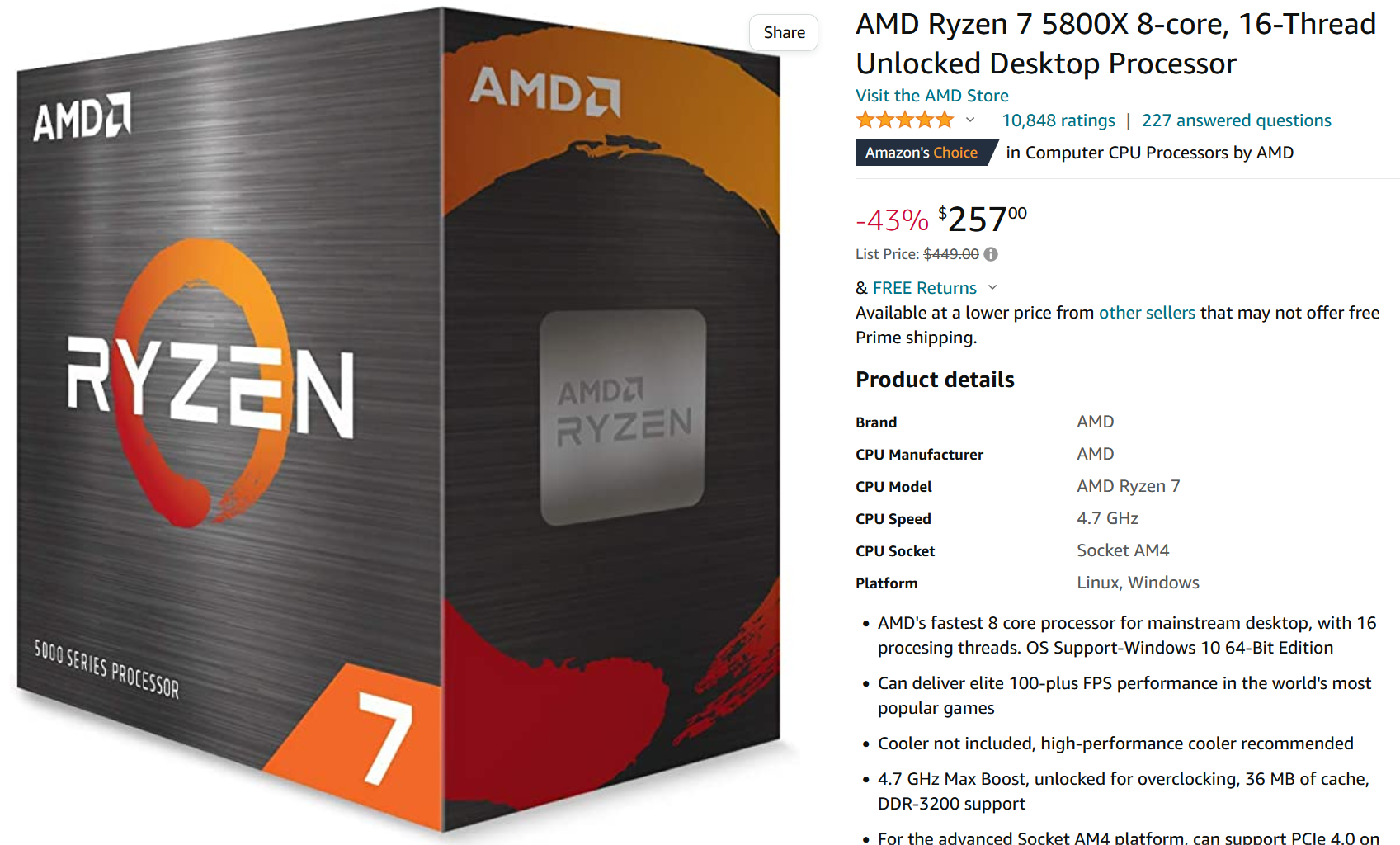 AMD Ryzen 7 5800X Boxed Processor