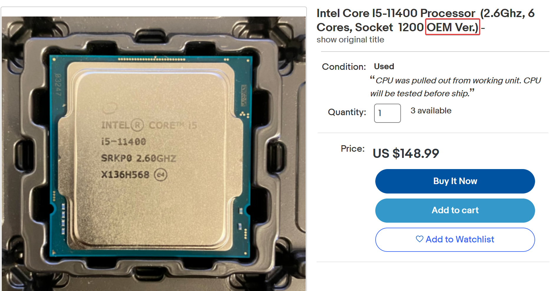 Intel Core i5-11400 OEM Version