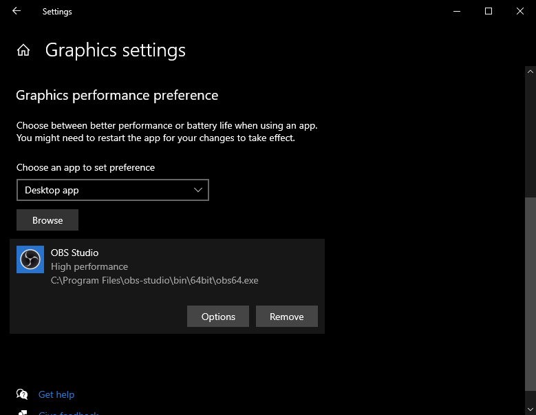 Windows graphics settings