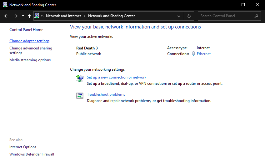 Windows Network and Sharing Center