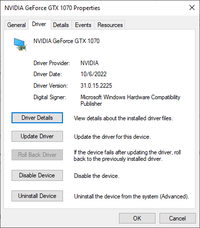 GPU properties driver tab