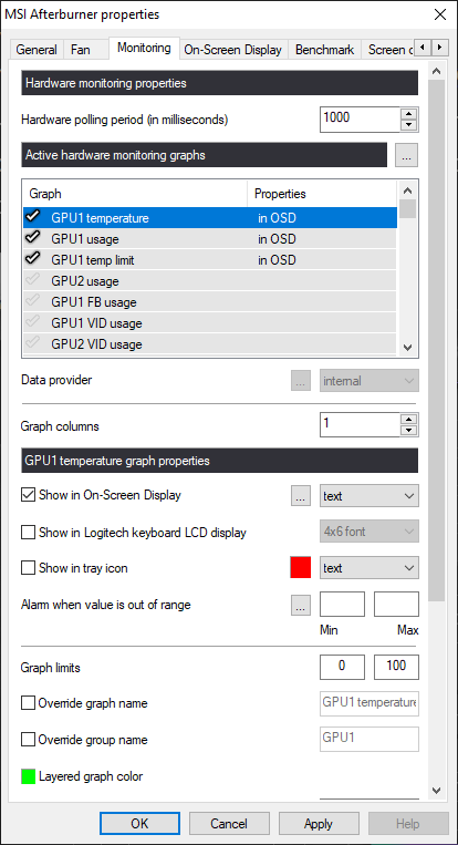 MSI Afterburner Monitoring Settings