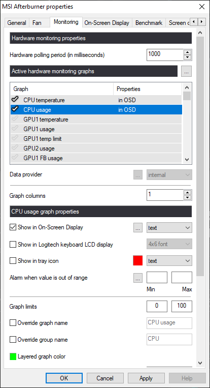 MSI Afterburner Monitoring Properties
