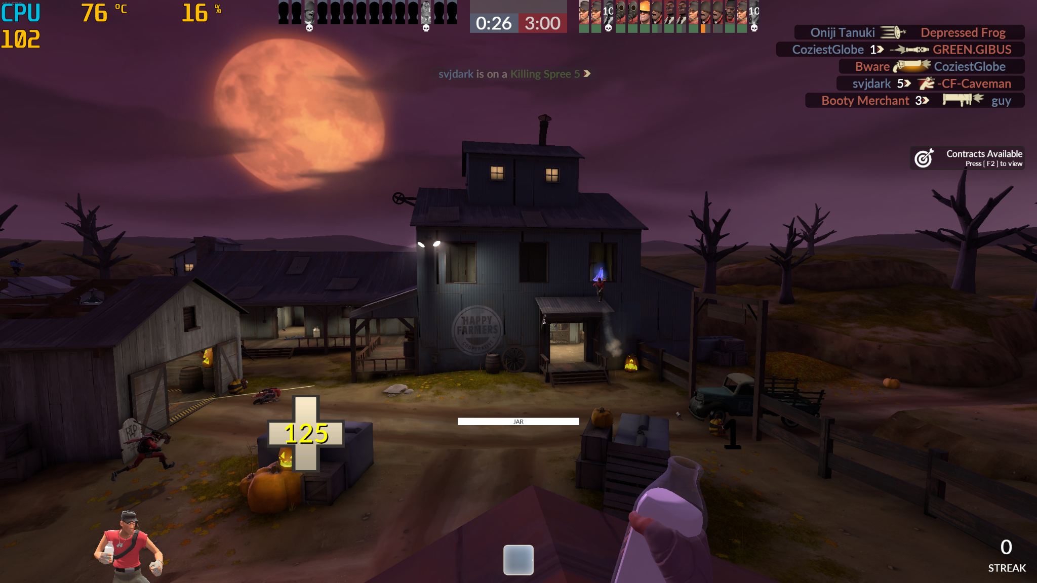 RivaTuner’s Overlay in TF2 monitoring my CPU usage, CPU temp, and in-game FPS