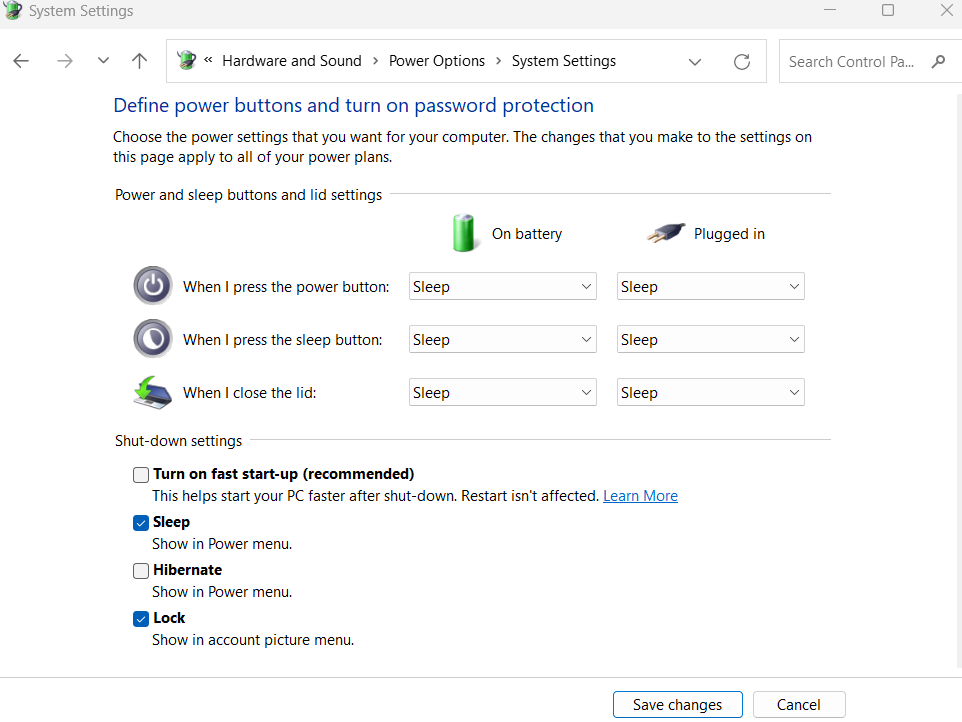 Power Options - System Settings