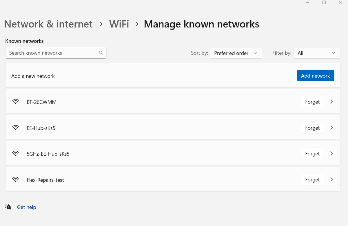 Windows' Manage known network