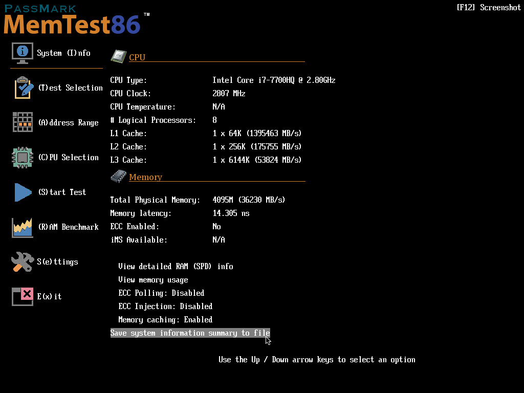 Memtest86 Main Menu