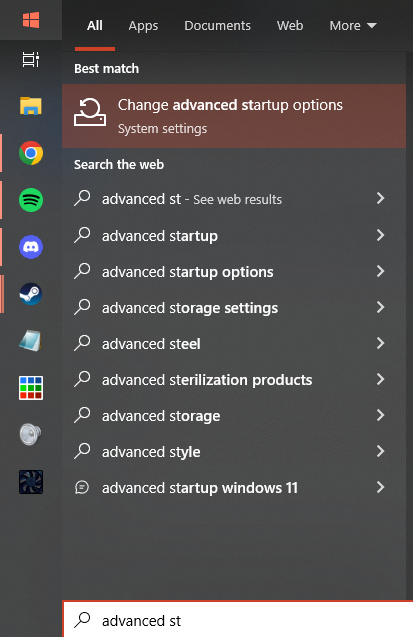 Advanced startup settings