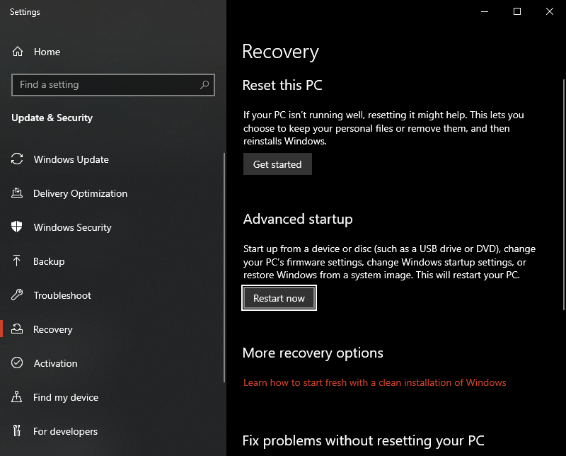 Advanced Startup Restart Option