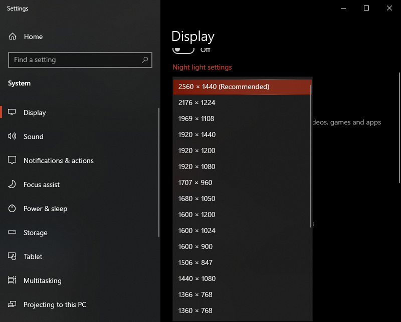 Screen resolution options