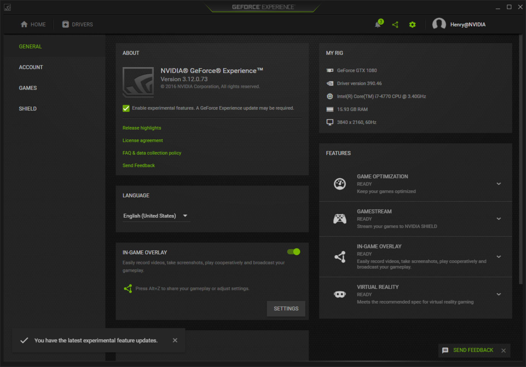 GeForce Experience About