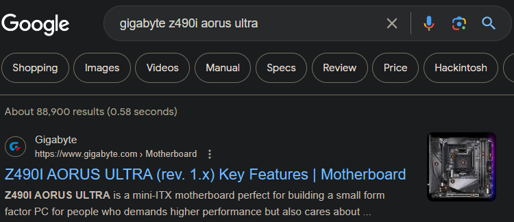 Gigabyte Z490I AORUS Ultra motherboard Google result