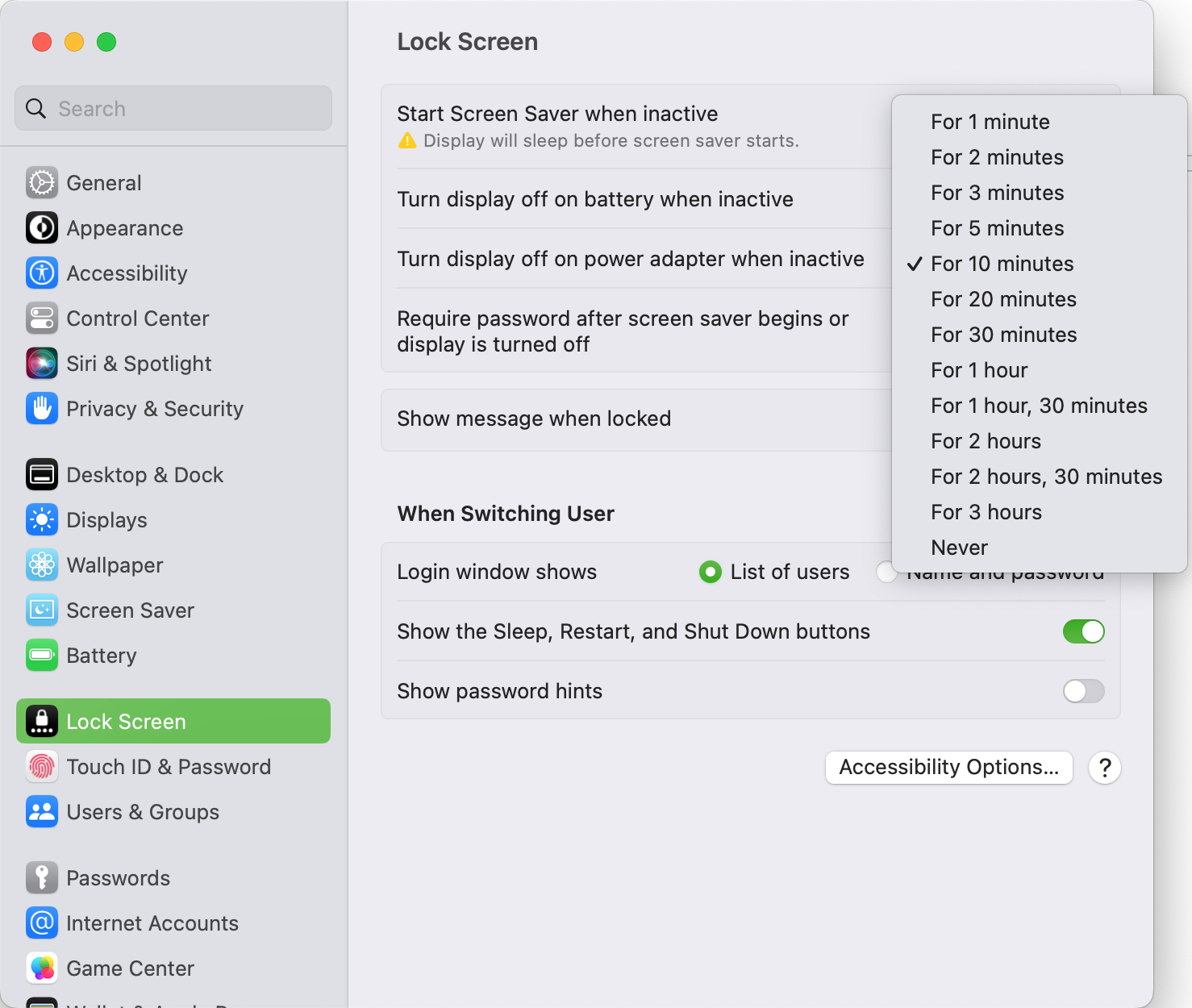 MacBook Lock Screen settings
