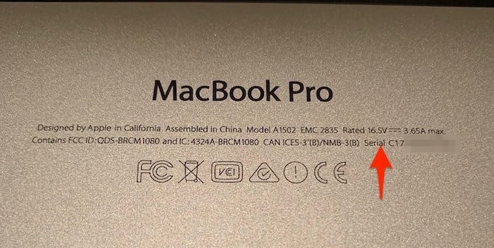 MacBook Pro Serial Number at the back