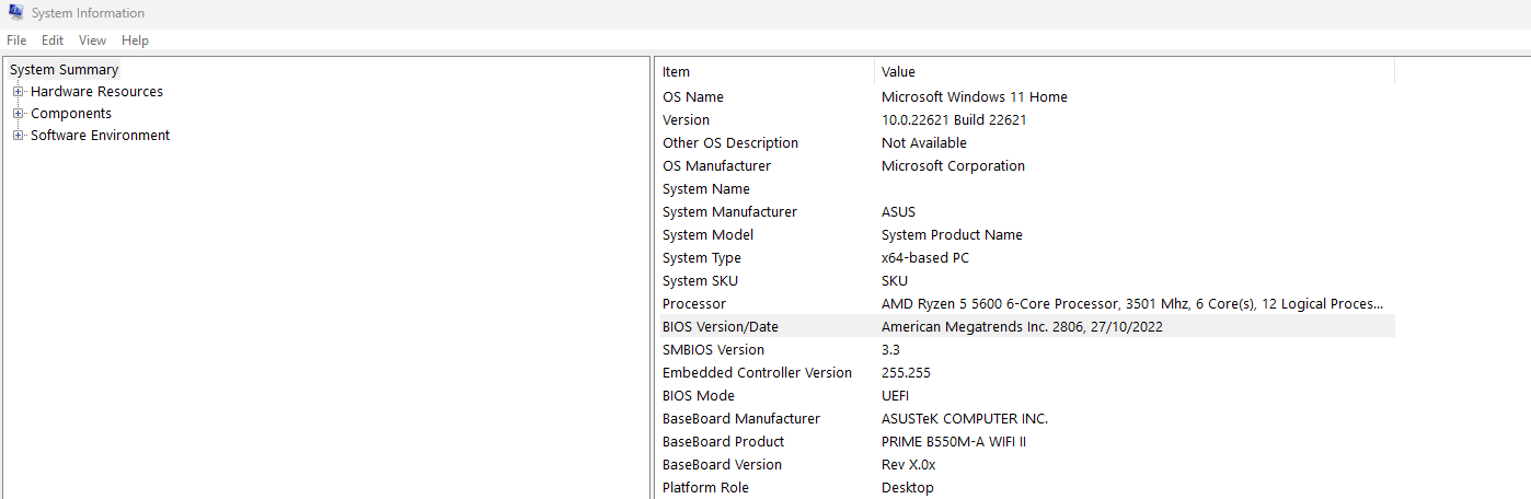 BIOS information from Sytem Information